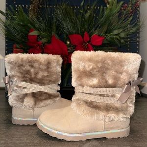 BIG GIRLS Faux Fur Winter Boot- Bow in back- Rhinestone Strap!  Reflective trim!
